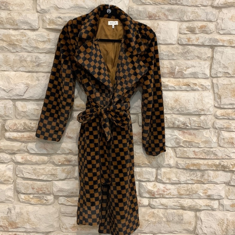 ACOA faux fur brown and black checkered coat, size Small